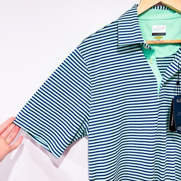 GREG NORMAN Green and blue striped golf polo shirt - Picture 3 of 5